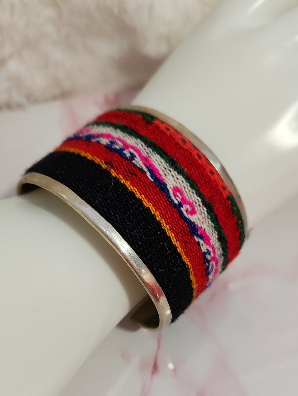 Colorful Handwoven Textile Cuff Bracelet with Silver Accent